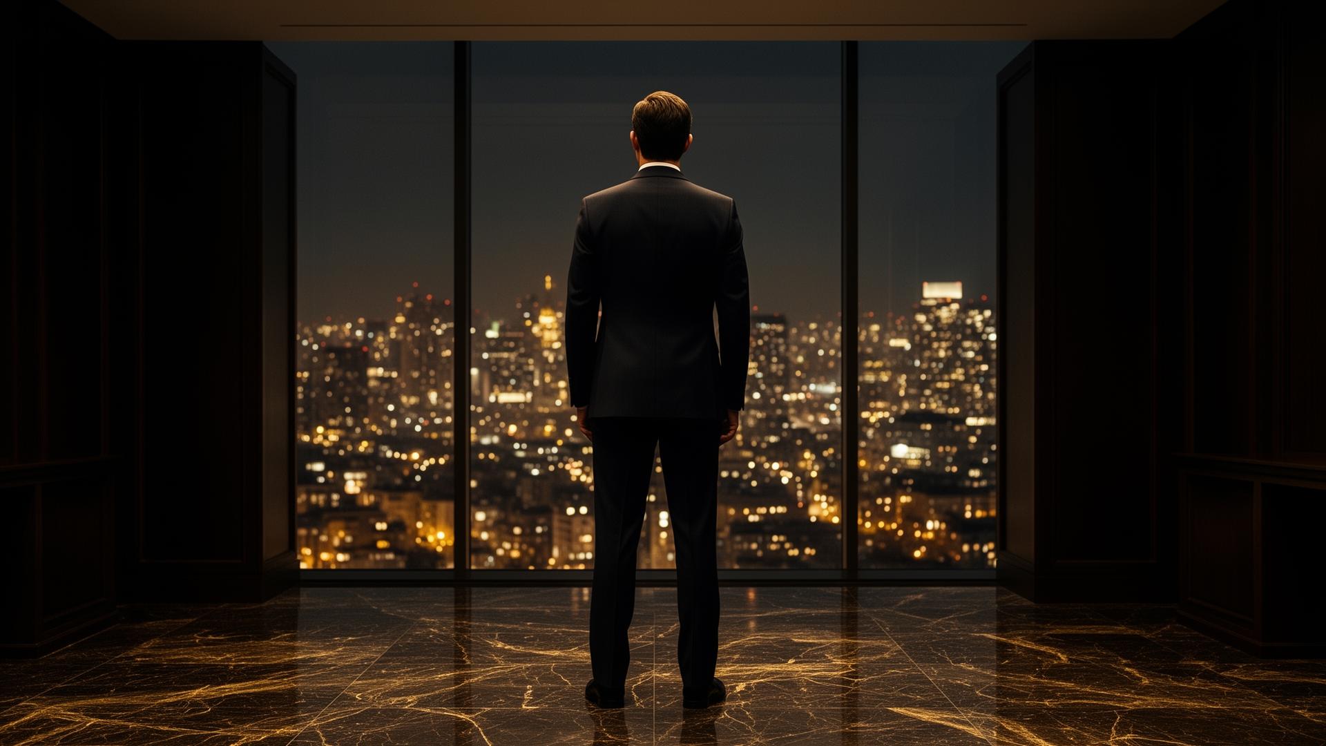 Executivo observando a cidade à noite a partir de um escritório executivo